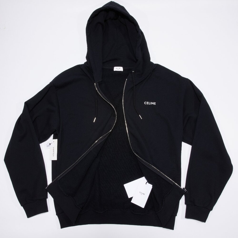 NEW CELINE x Hedi Slimane Loose Zipped Hoodie Black Cotton Fleece Logo XXL 2XL
